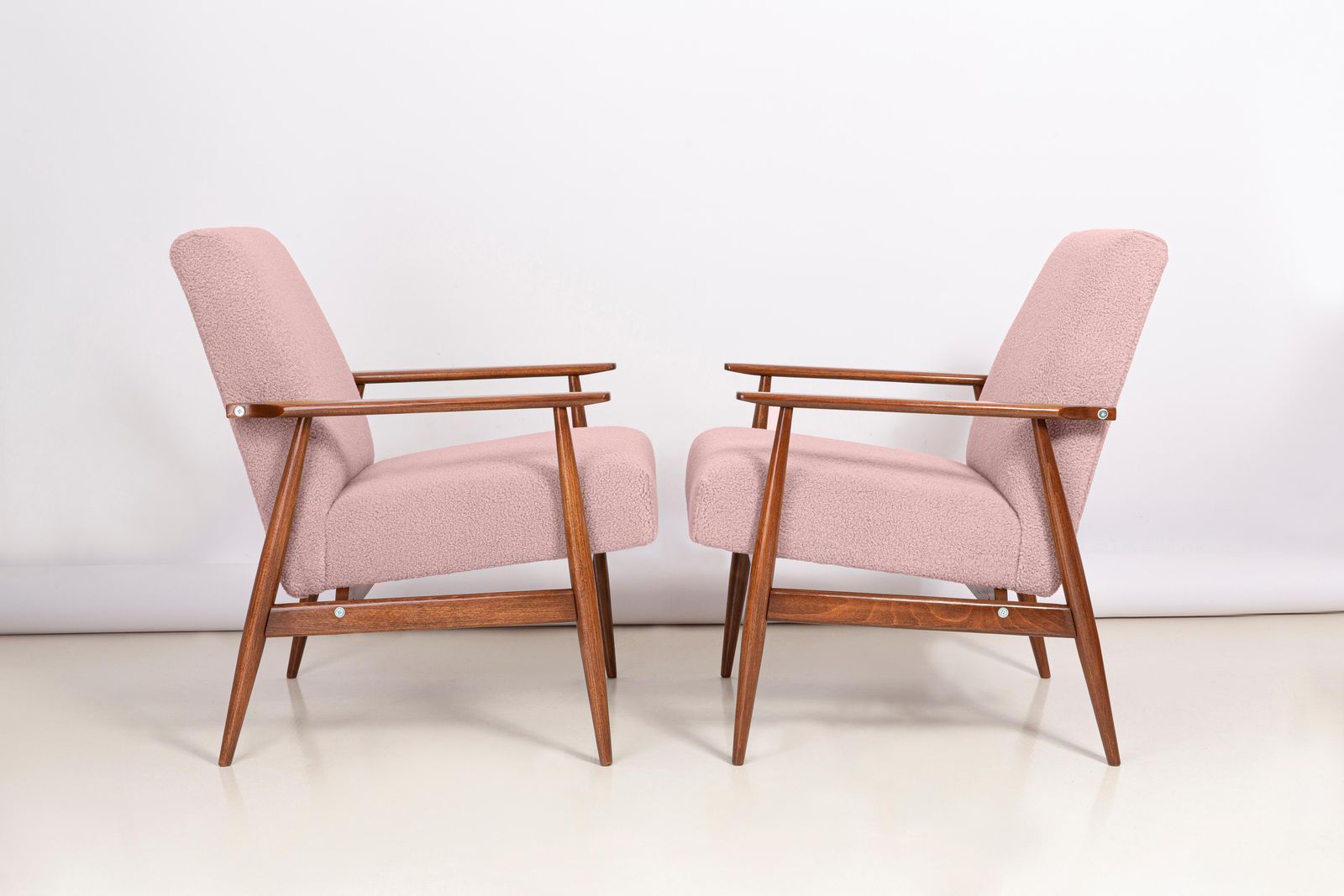 Six Dusty Pink Bouclé Dante Armchairs, H. Lis, Europe, 1960s photo furniture
