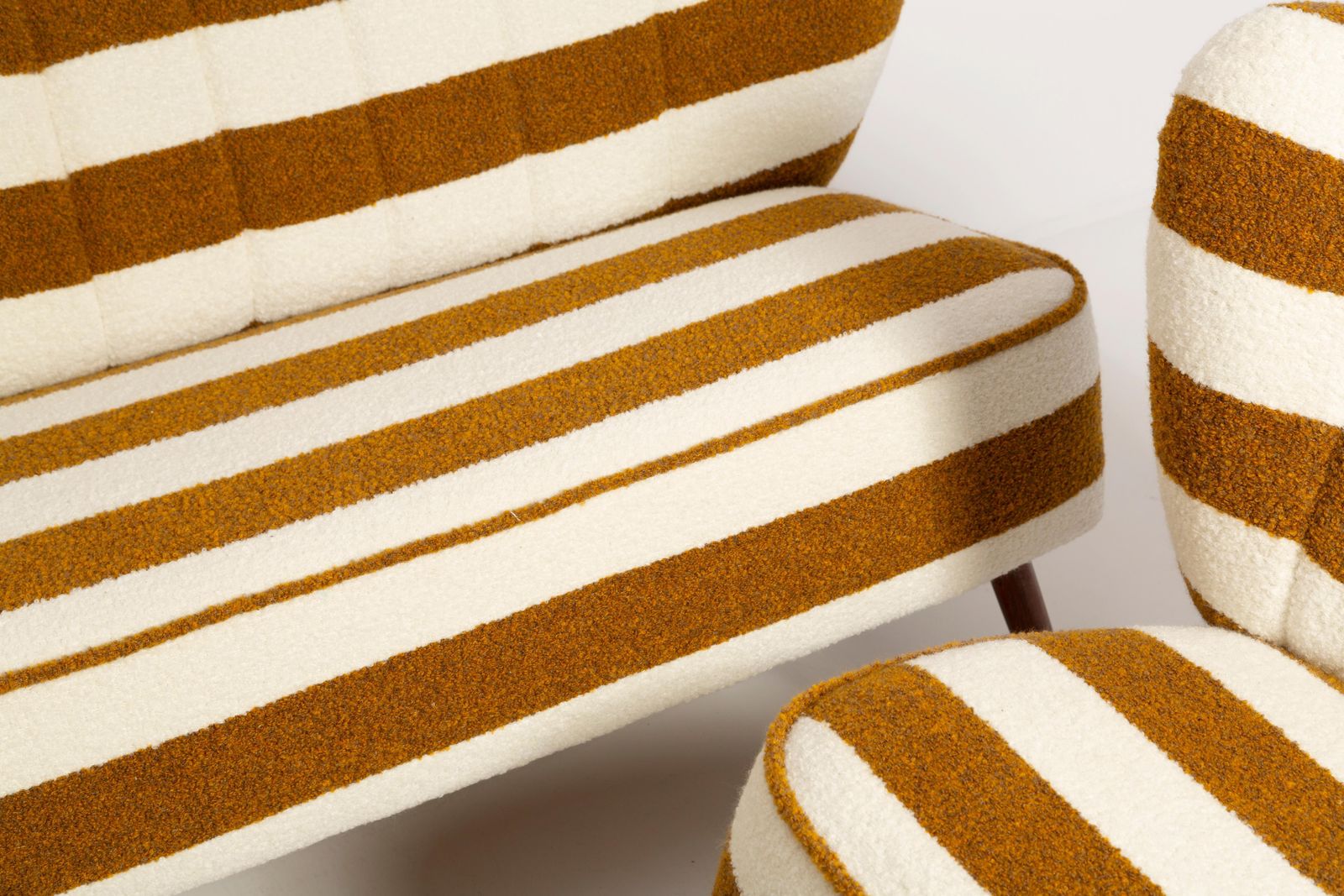 Set Of Mid Century White And Mustard Boucle Sofa And Armchairs, Europe, 1960s photo buy