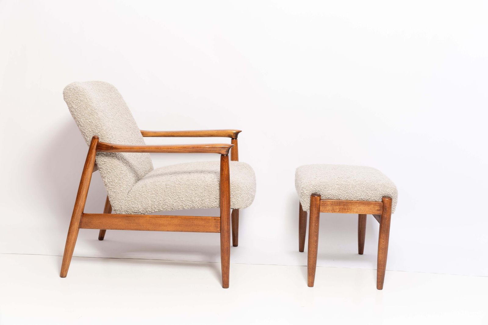 Midcentury Gray Alpaca Wool Armchairs And Stools, Edmund Homa, Poland, 1960s photo for sale