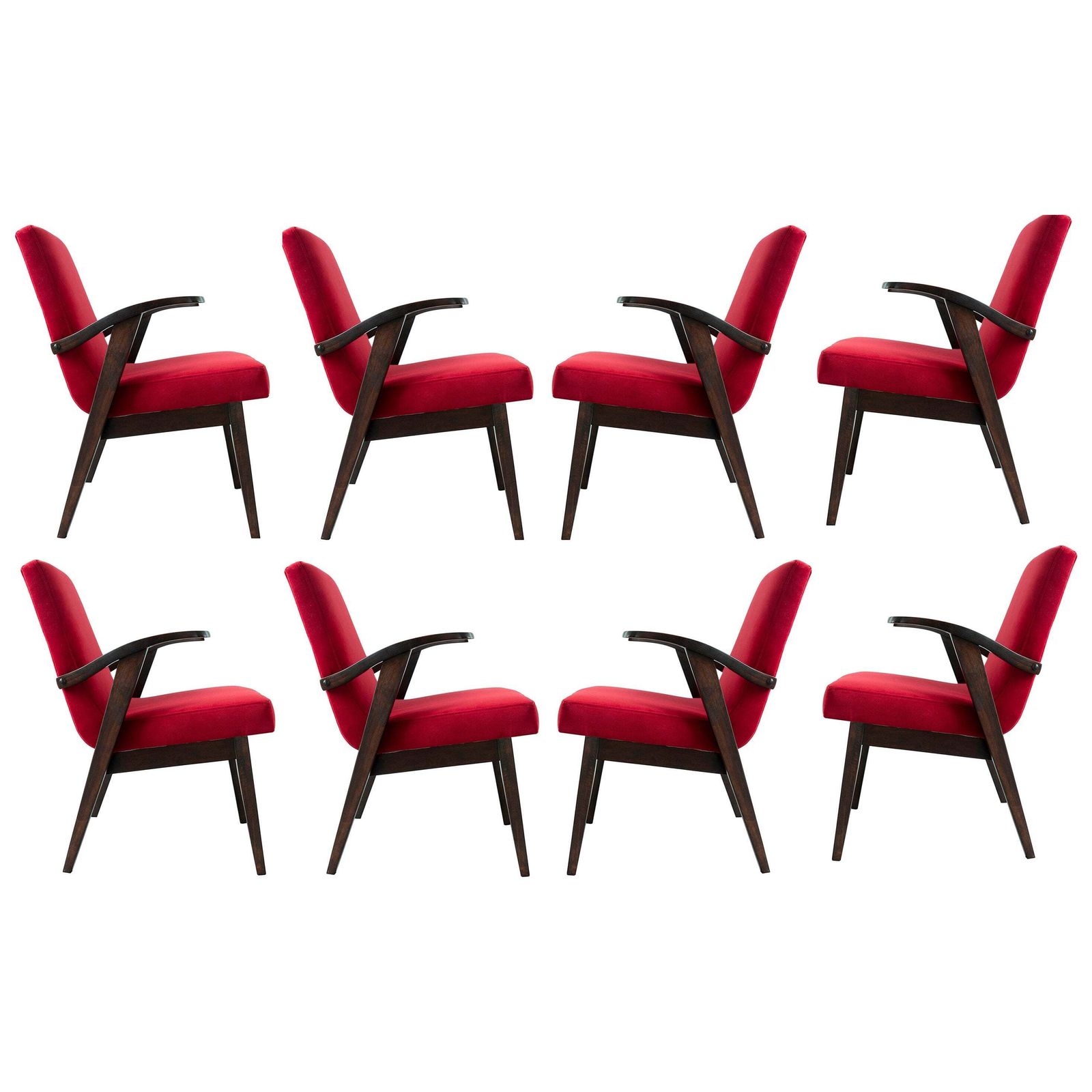 Set Van Acht Vintage Stoelen In Rood Fluweel Van Mieczyslaw Puchala, Jaren 1960