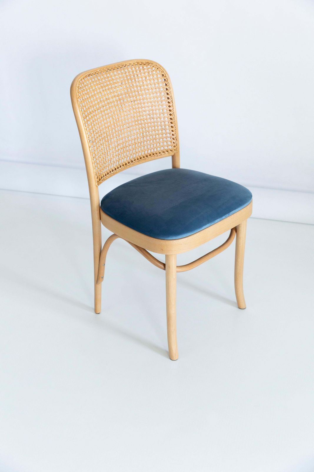 Blue Velvet Thonet Wood Rattan Chair, 1960s photo furniture