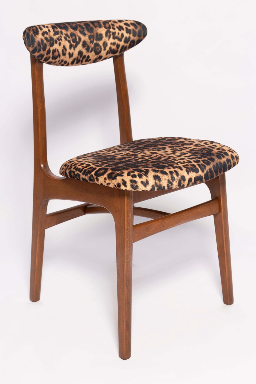 Six Mid Century Leopard Velvet Chairs, Walnut Wood, Rajmund Halas, Poland, 1960s photo furniture