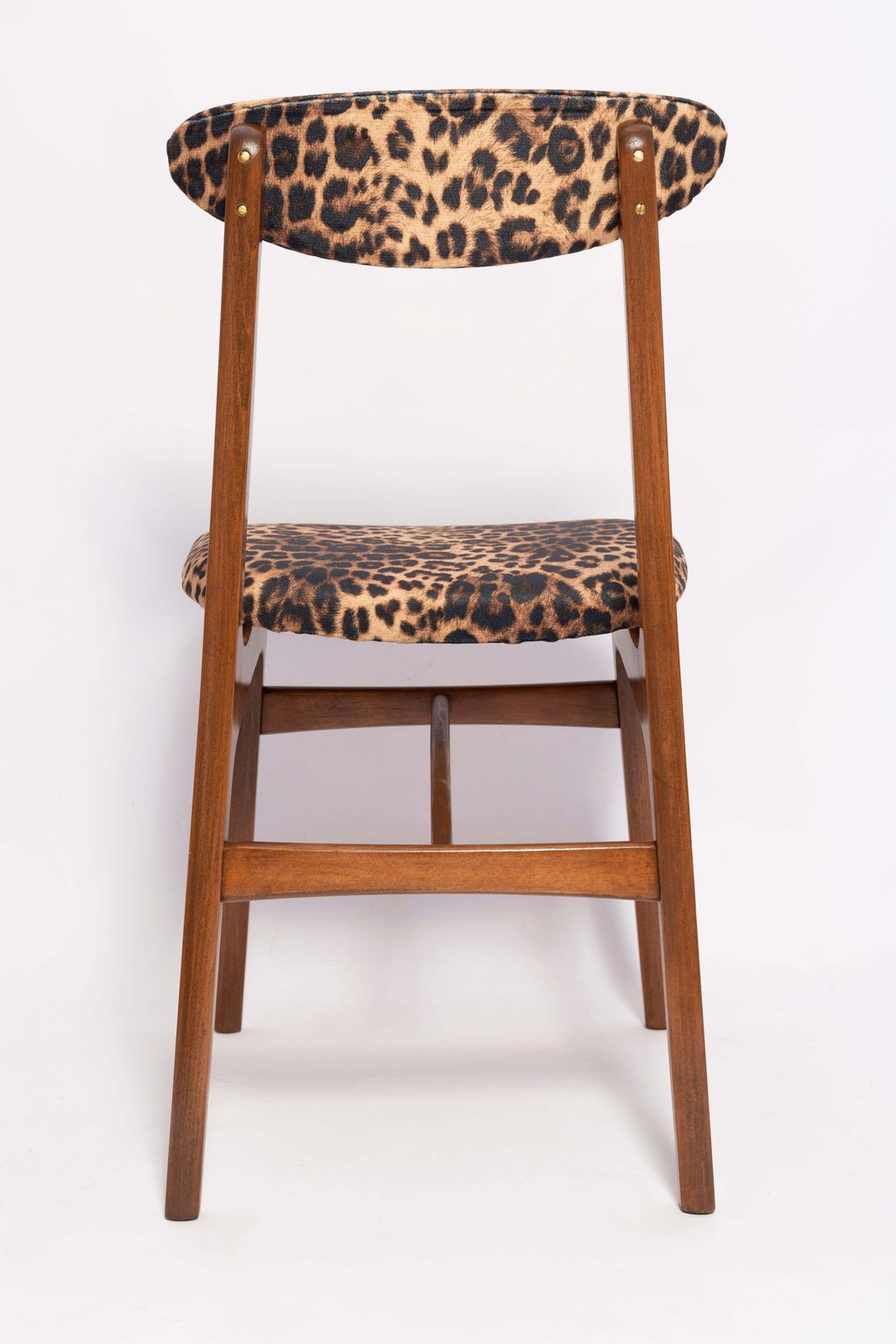 photo for sale Six Mid Century Leopard Velvet Chairs, Walnut Wood, Rajmund Halas, Poland, 1960s