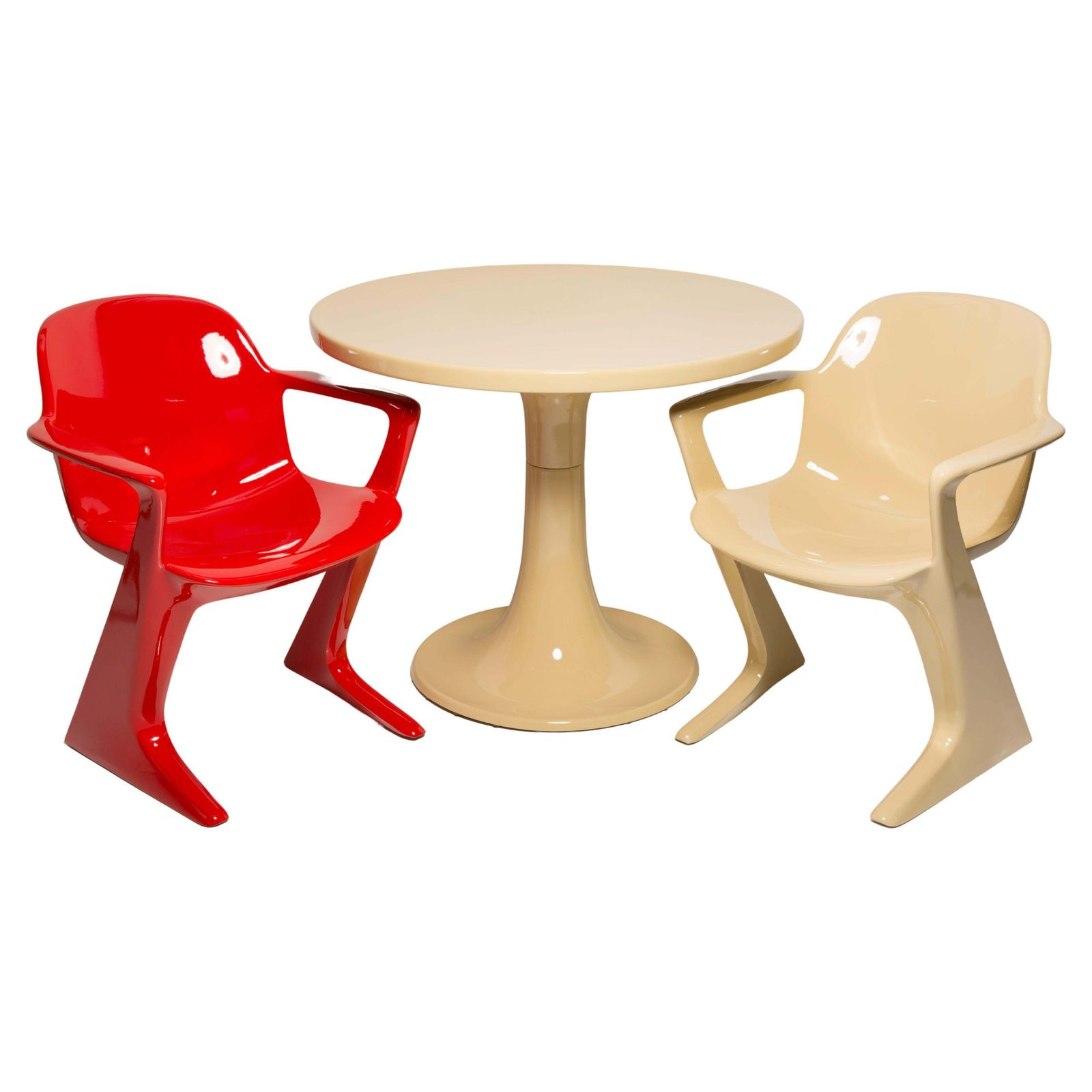 Midcentury Beige And Red Kangaroo Chairs And Table Ernst Moeckl, Germany, 1968