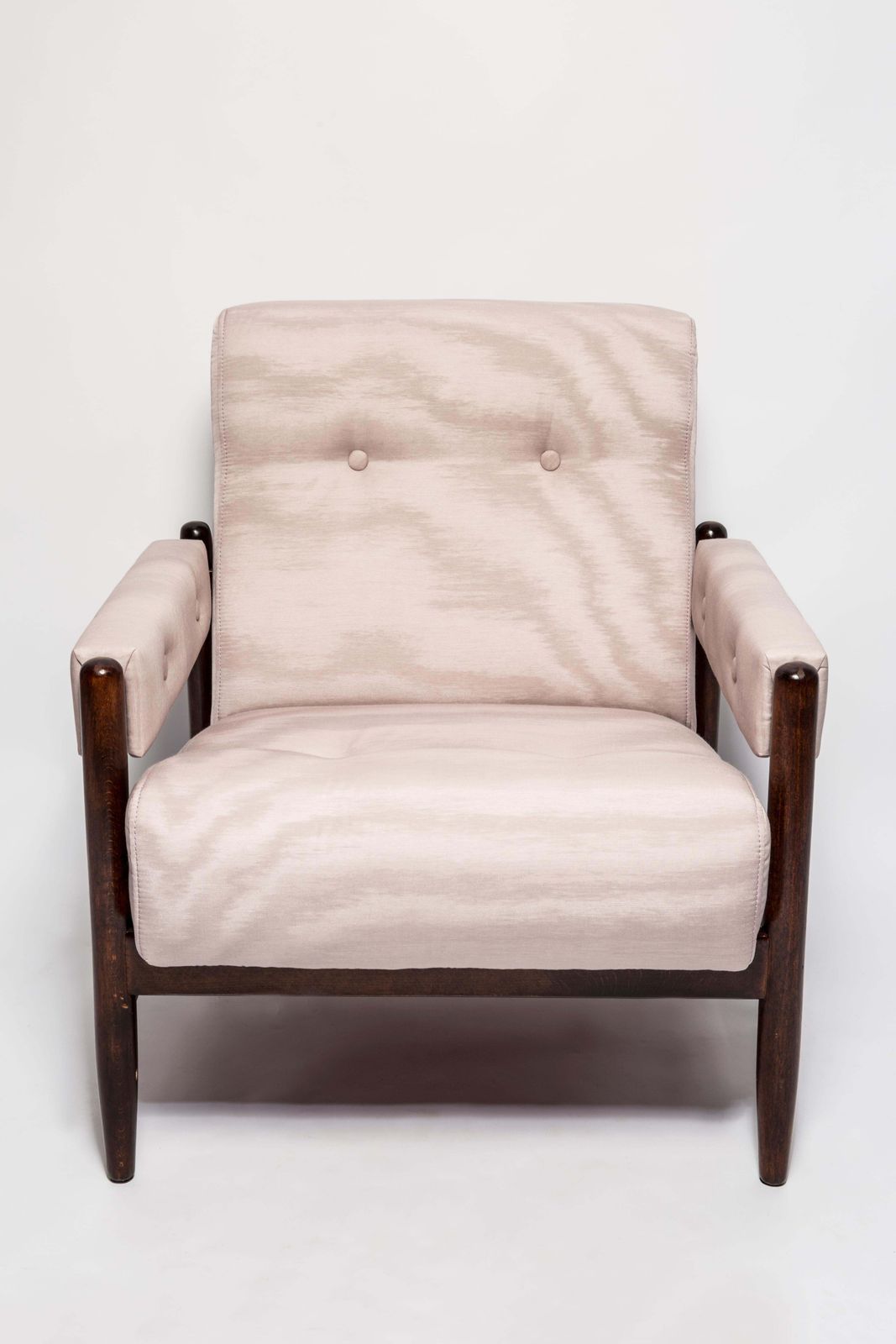 Mid Century Amoir Fou Moiré Purple Pink Armchair, Walnut Wood, Europe, 1960s photo for sale