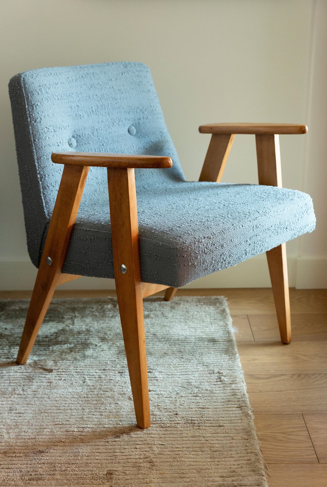 Pair Of Midcentury 366 Club Armchairs In Gray Blue Boucle, Europe, 1960s photo furniture