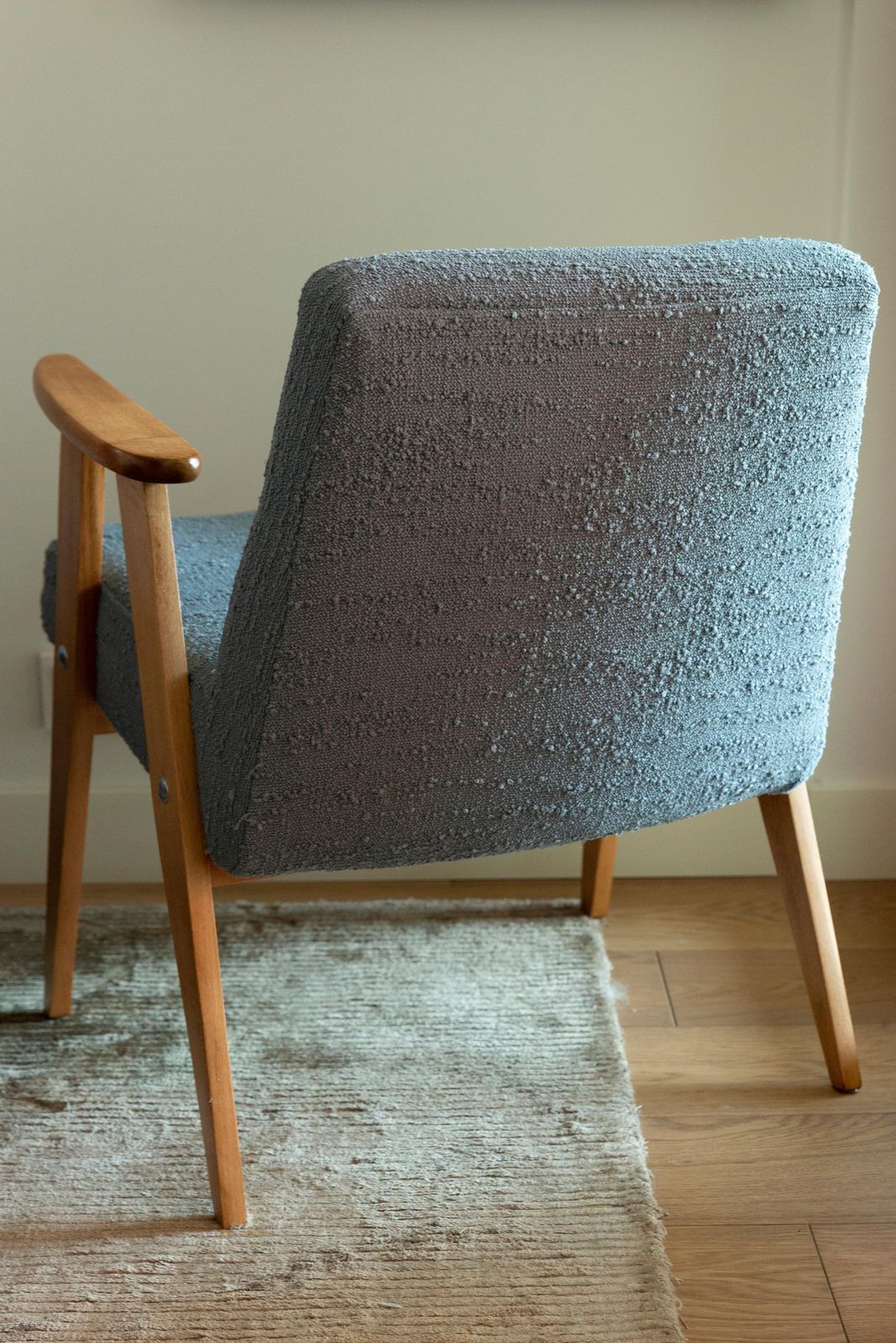 photo for sale Pair Of Midcentury 366 Club Armchairs In Gray Blue Boucle, Europe, 1960s