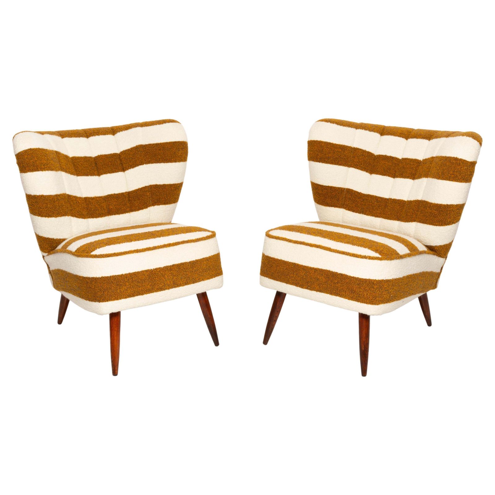 Paar Mid Century Witte En Mosterdgele Bouclé Club Fauteuils, Europa, Jaren 1960