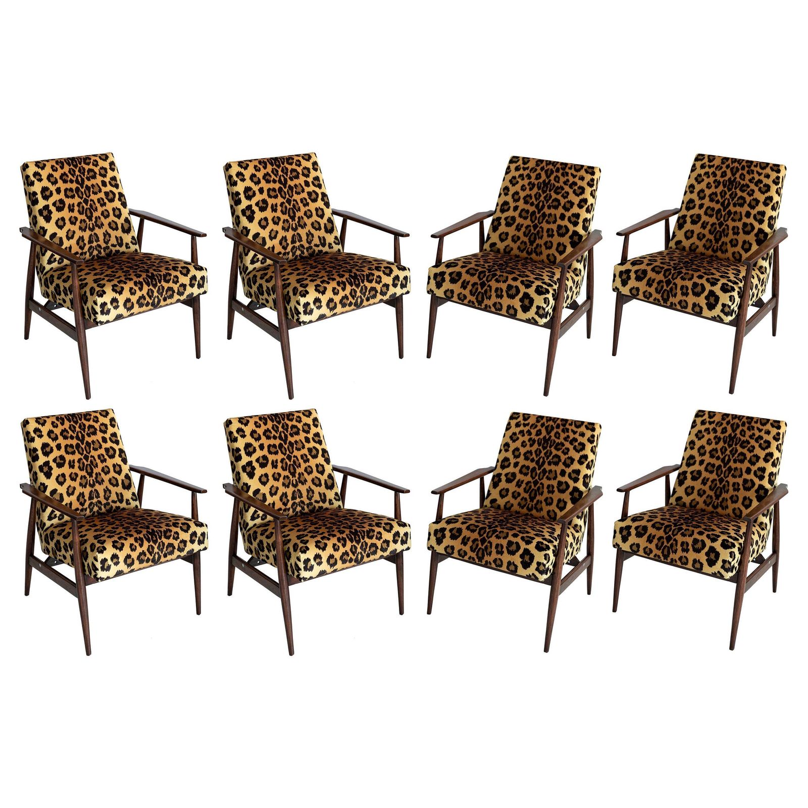 Set Van Acht Mid Century Dante Fauteuils Met Luipaardprint Fluweel, H. Lis, Jaren 1960
