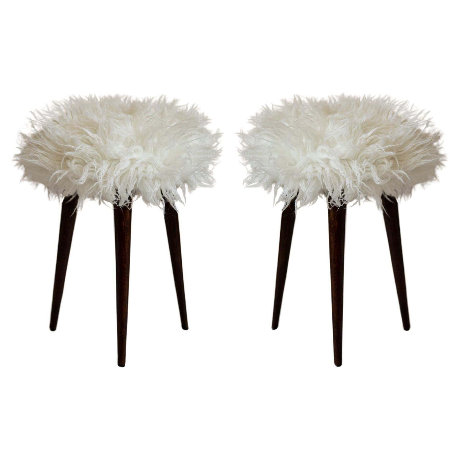 Pair Of Mid Century Alpaca White Faux Fur Stools, Europe, 1960s