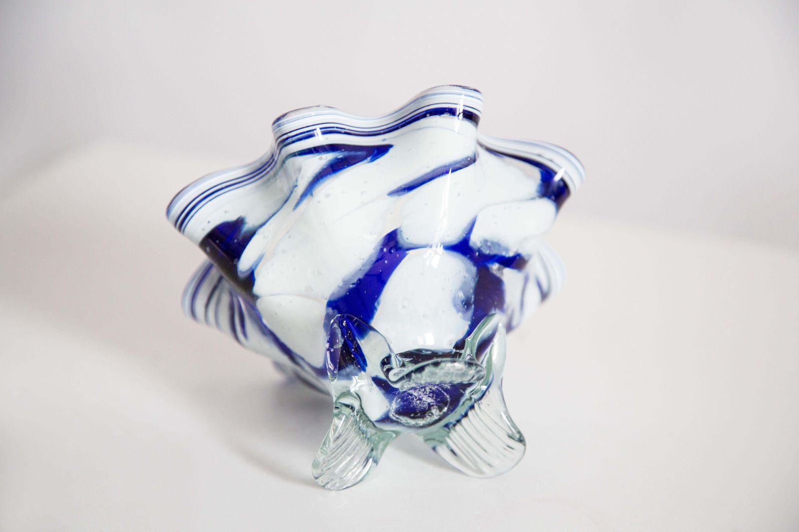 photo for sale Mid Century Vintage Artistic Glass White And Blue Vase Bowl, Europe, 1970s