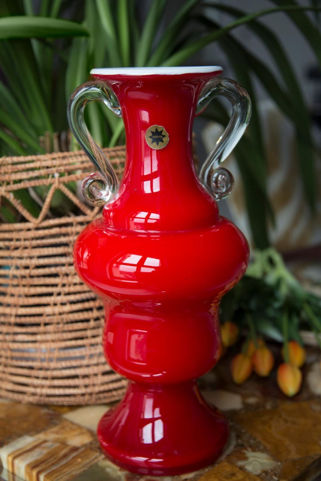 Mid Century Vintage Artistic Glass Red Vase Big, Europe, 1970s photo furniture