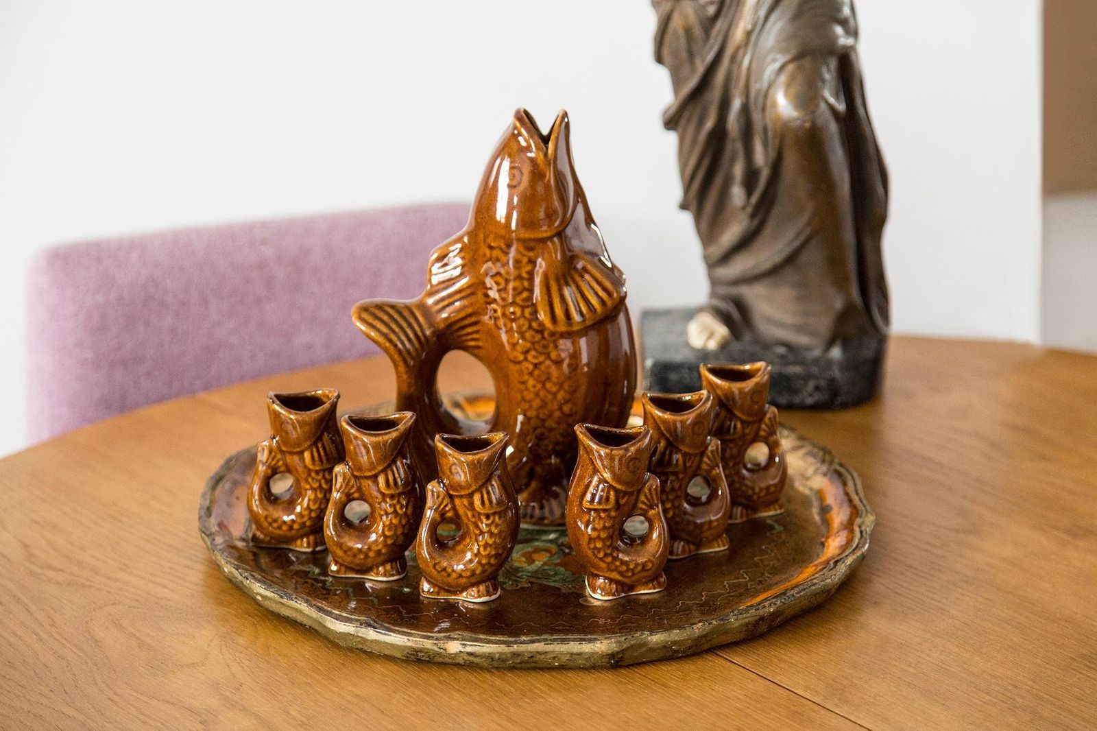 Brown Fish Glass Decanter And Glasses, 20th Century, Europe, 1960s photo for sale