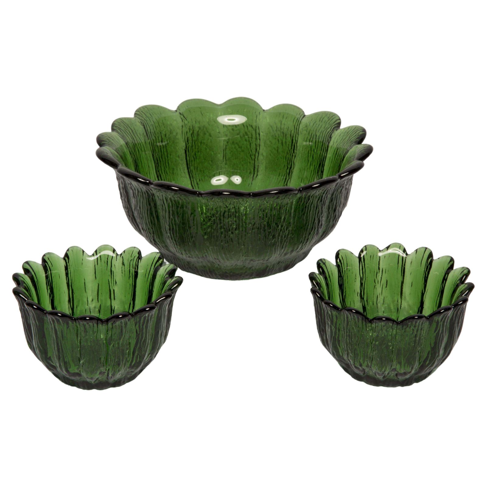 Set Of Three Mid Century Crystal Green Glass Bowls, Italy, 1970s