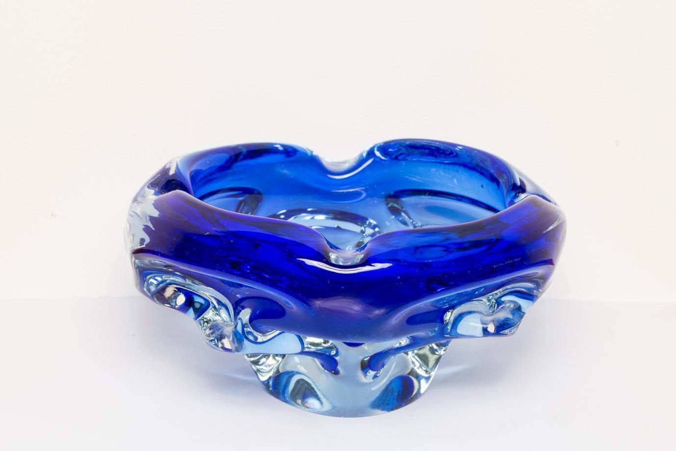 Mid Century Blue Artistic Glass Bowl Ashtray, Italy, 1970s photo vinterior