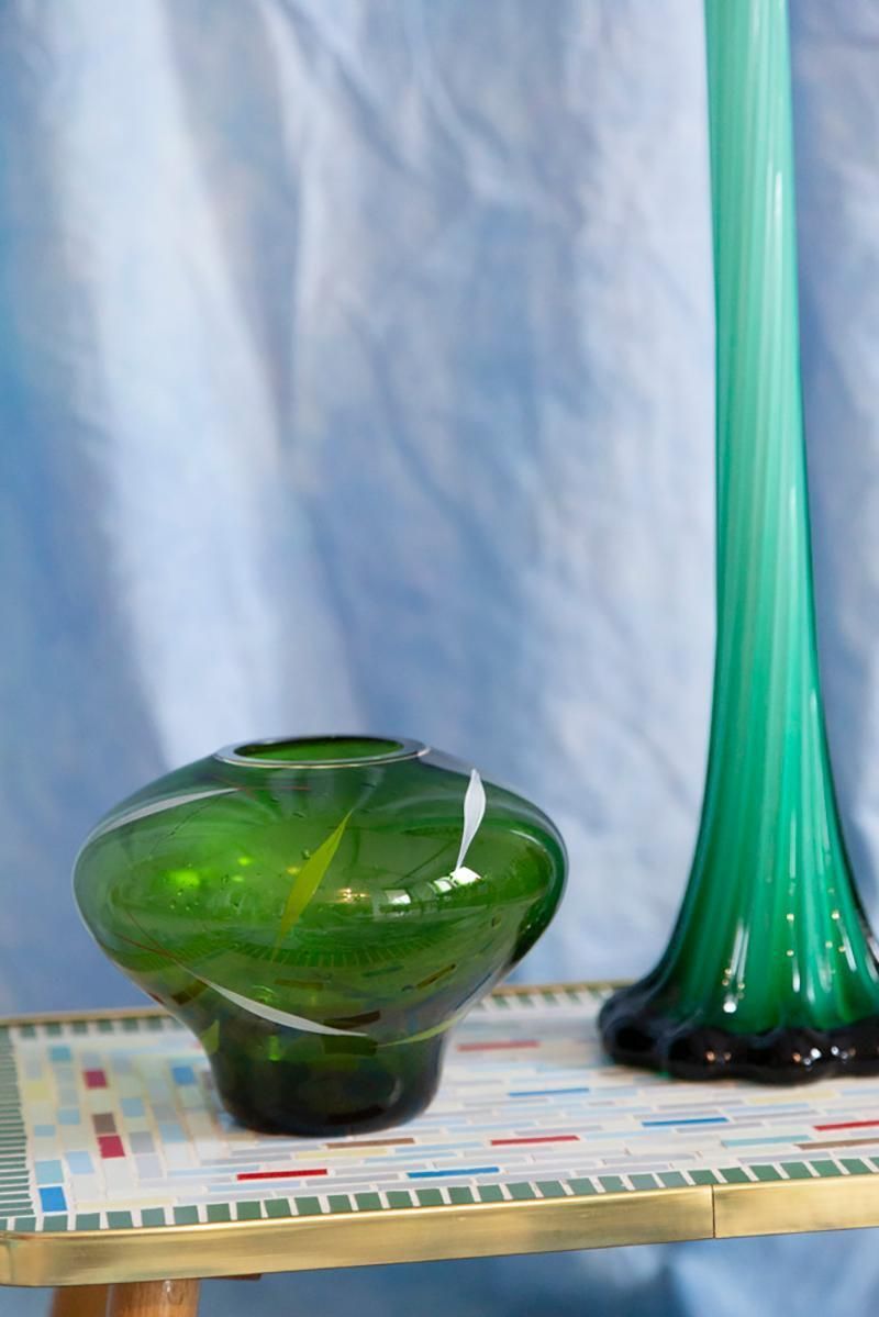 Mid Century Green Hand Painted Crystal Vase, Europe, 1960s photo Home Decor