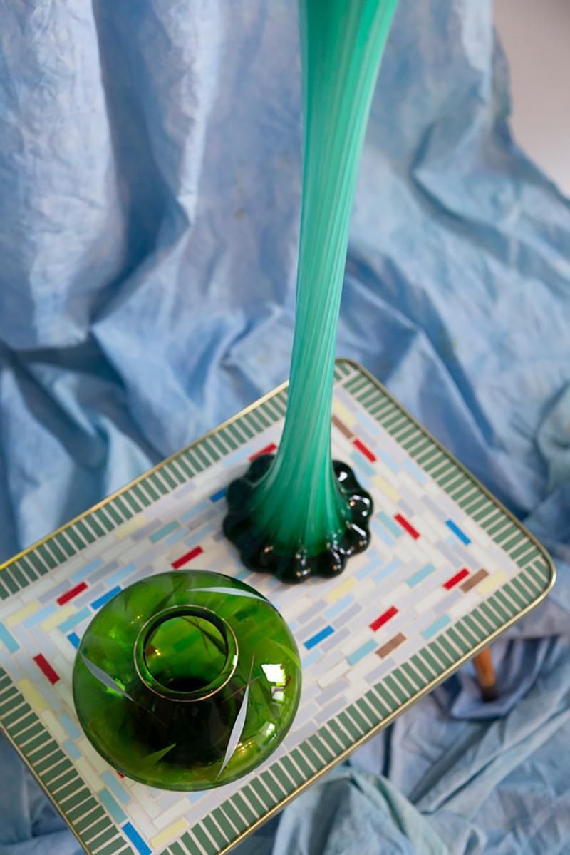 Mid Century Green Hand Painted Crystal Vase, Europe, 1960s photo vinterior