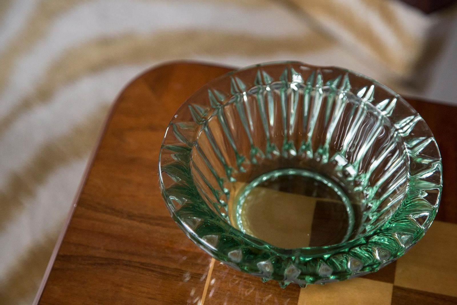 Mid Century Crystal Green Glass Ashtray Bowl, Italy, 1970s photo furniture