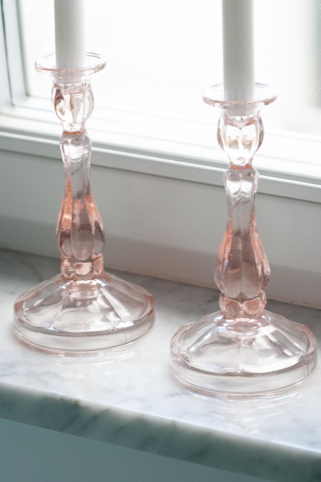 Set Of Two Mid Century Light Rose Pink Glass Candlesticks, Europe, 1960s photo vinterior