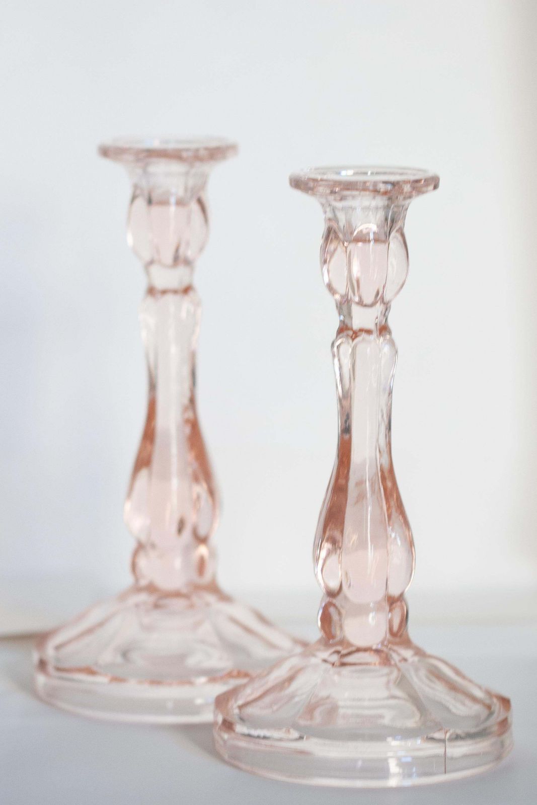 Set Of Two Mid Century Light Rose Pink Glass Candlesticks, Europe, 1960s photo vintage