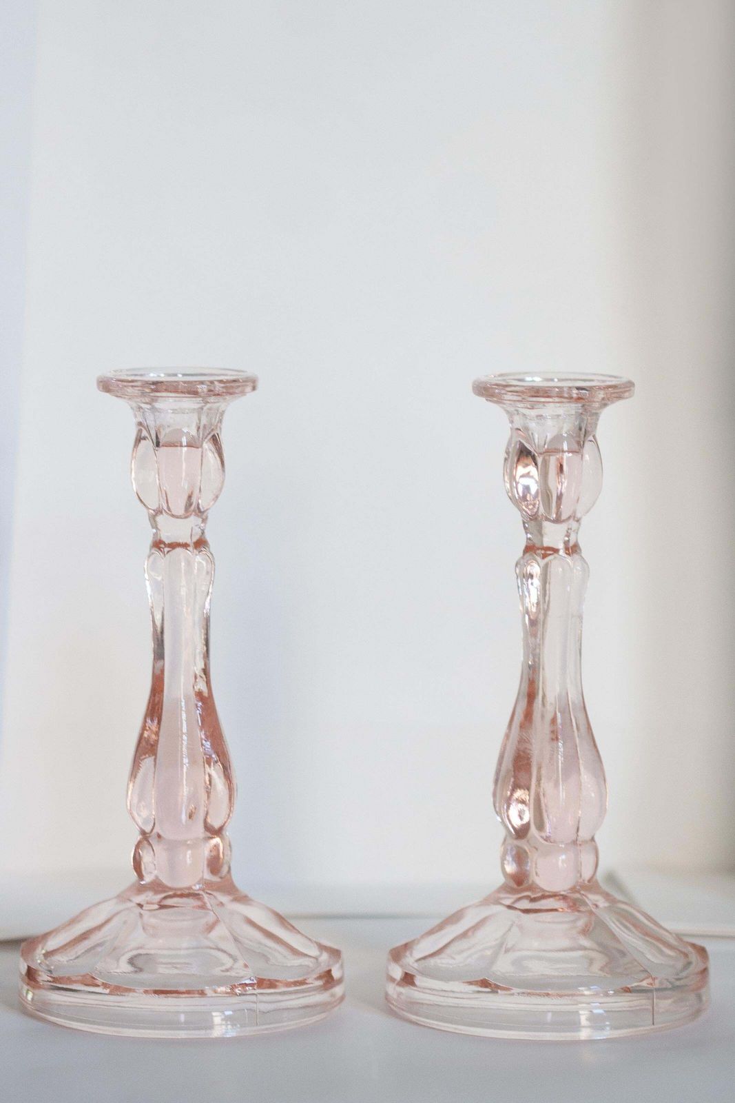 photo furniture Set Of Two Mid Century Light Rose Pink Glass Candlesticks, Europe, 1960s