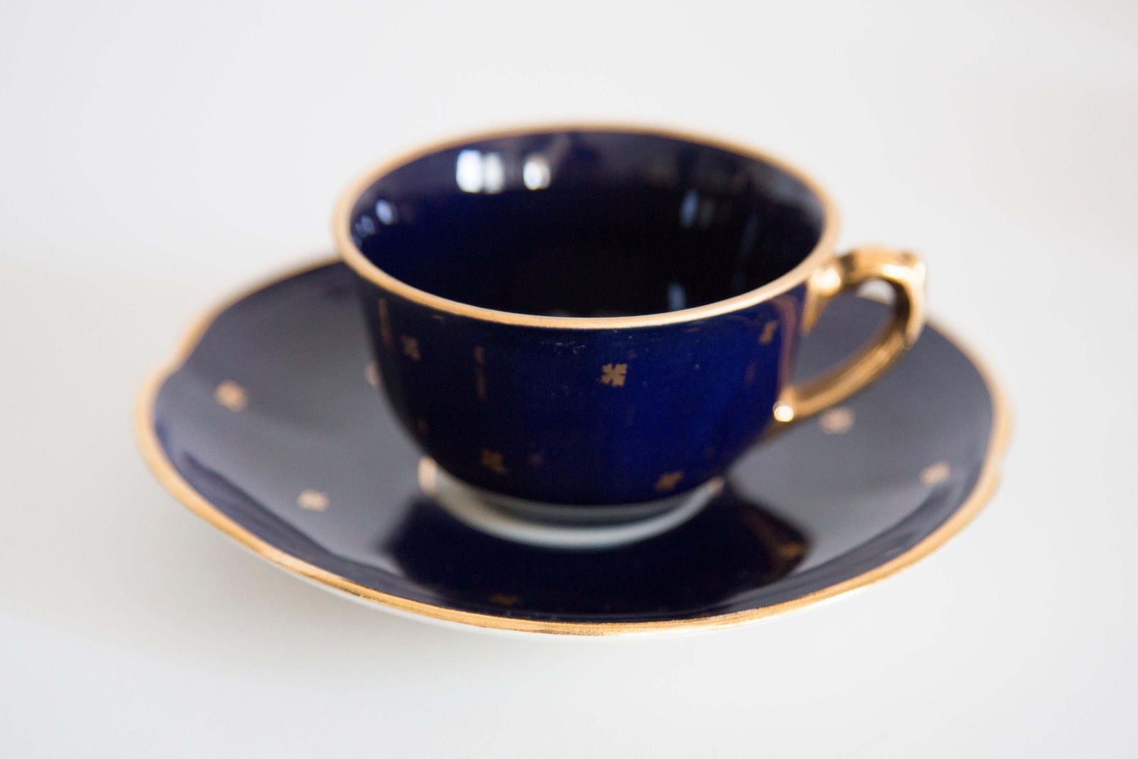 Midcentury Porcelain Navy Blue Tea Coffee Service Jug And Cups, Poland, 1960 photo vintage