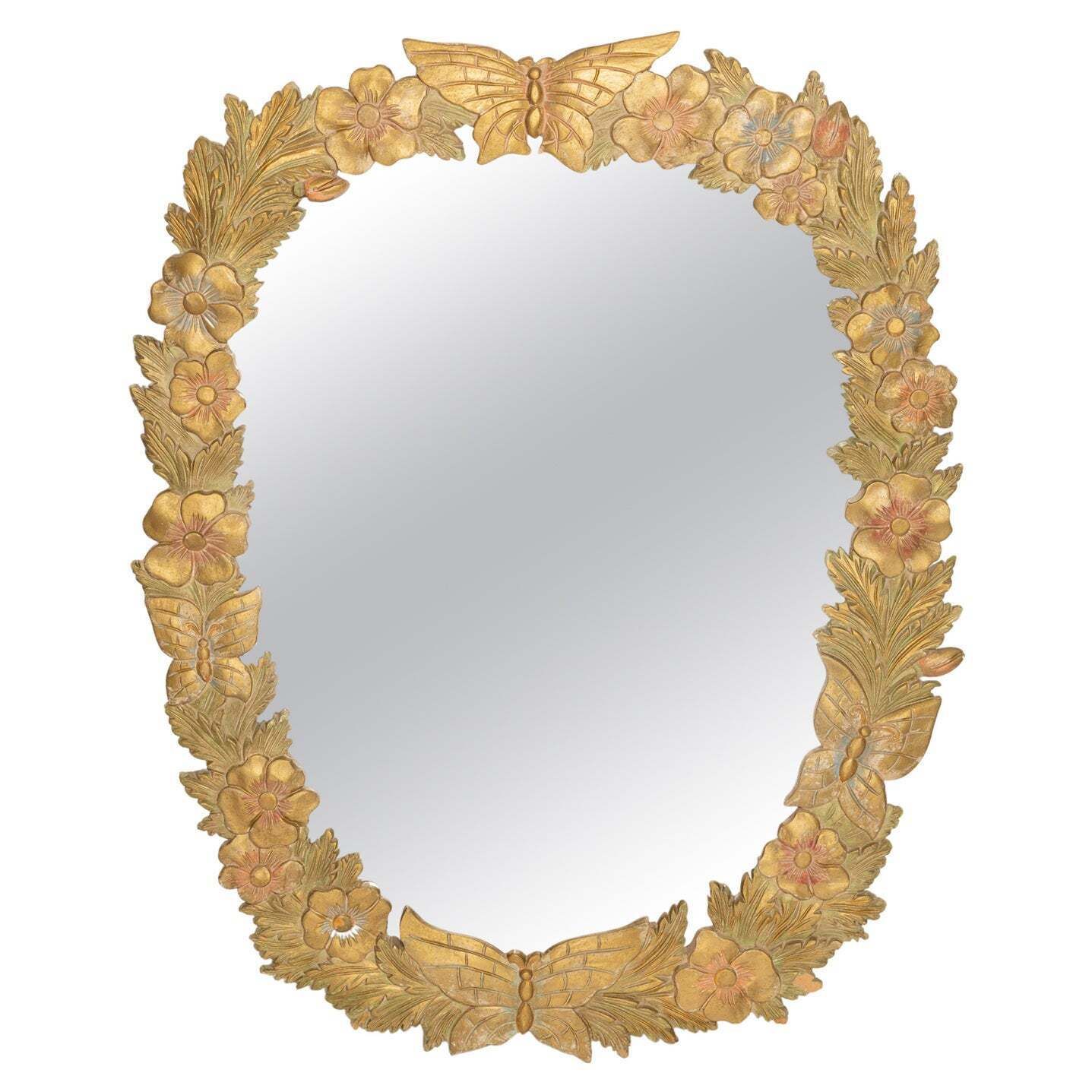 Giant Decorative Gold Wood Mirror With Butterfly And Flowers, Italy, 1960s