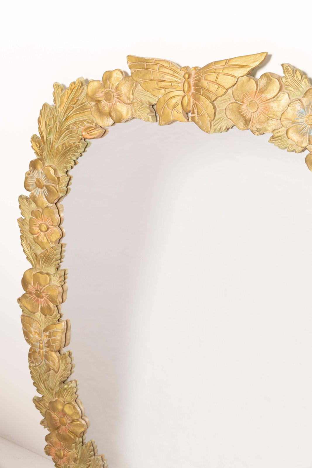 Giant Decorative Gold Wood Mirror With Butterfly And Flowers, Italy, 1960s photo for sale