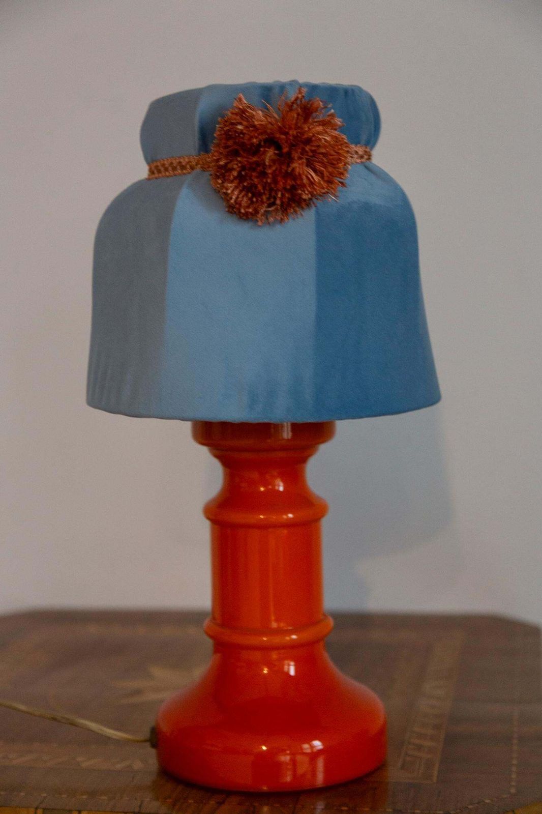 photo for sale Mid Century Orange And Blue Ceramic And Velvet Table Lamp, Europe, 1960s