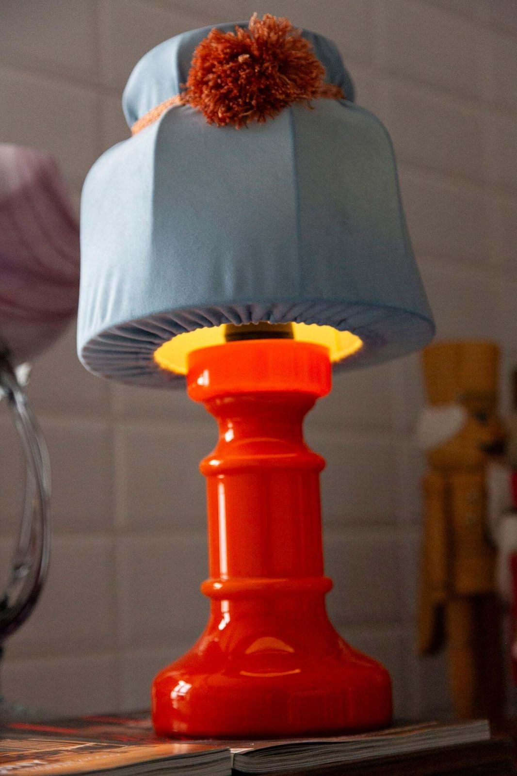 photo buy Mid Century Orange And Blue Ceramic And Velvet Table Lamp, Europe, 1960s
