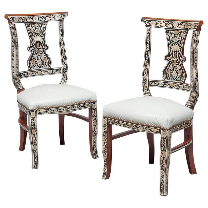 Pair Of Mahogany Chairs, Arab Manufacture, Early 20th Century