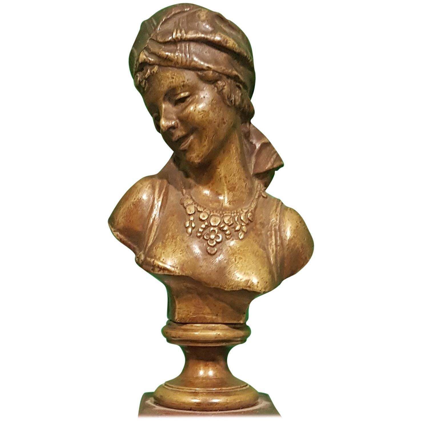 Small Bronze Bust Of Odalisque With Red French Marble Base, French Manufacture