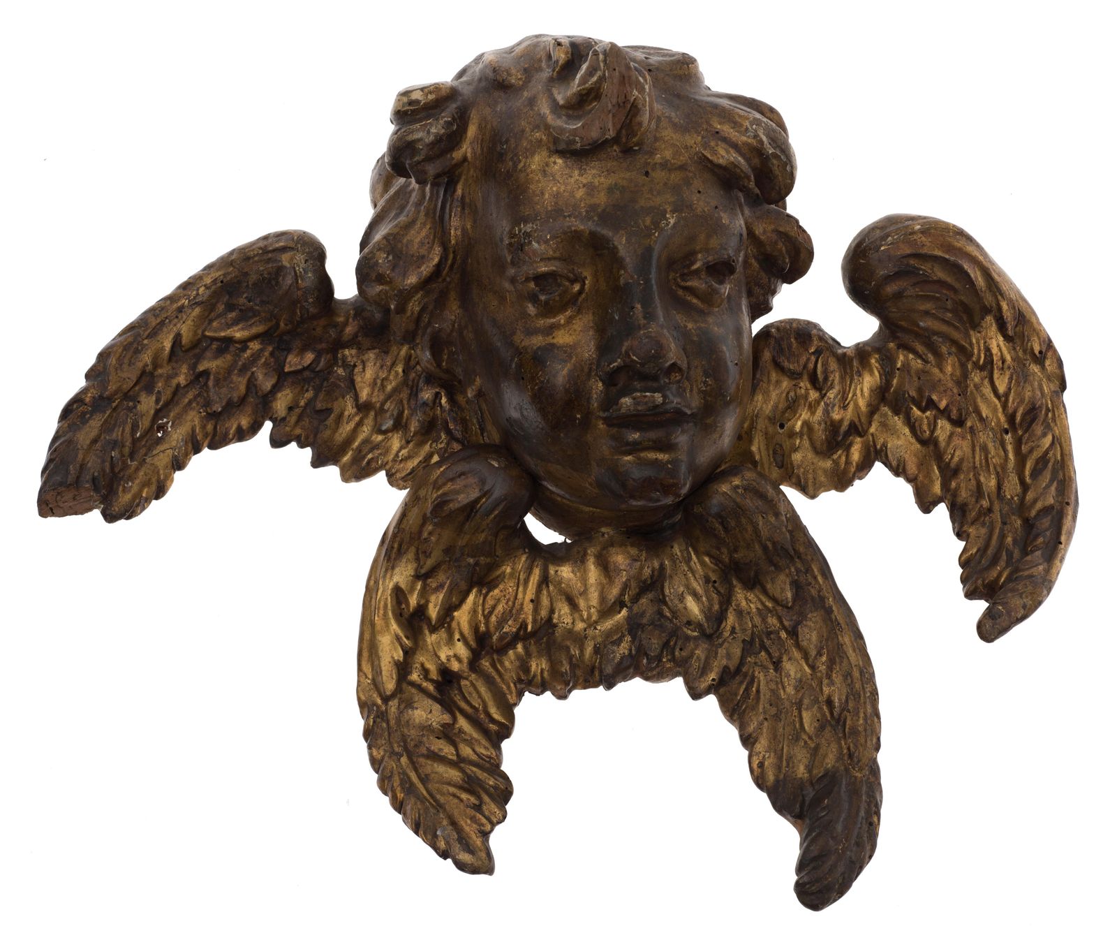 Pair Of Ancient Wooden Gilded Angel Heads, 18th Century photo vinterior