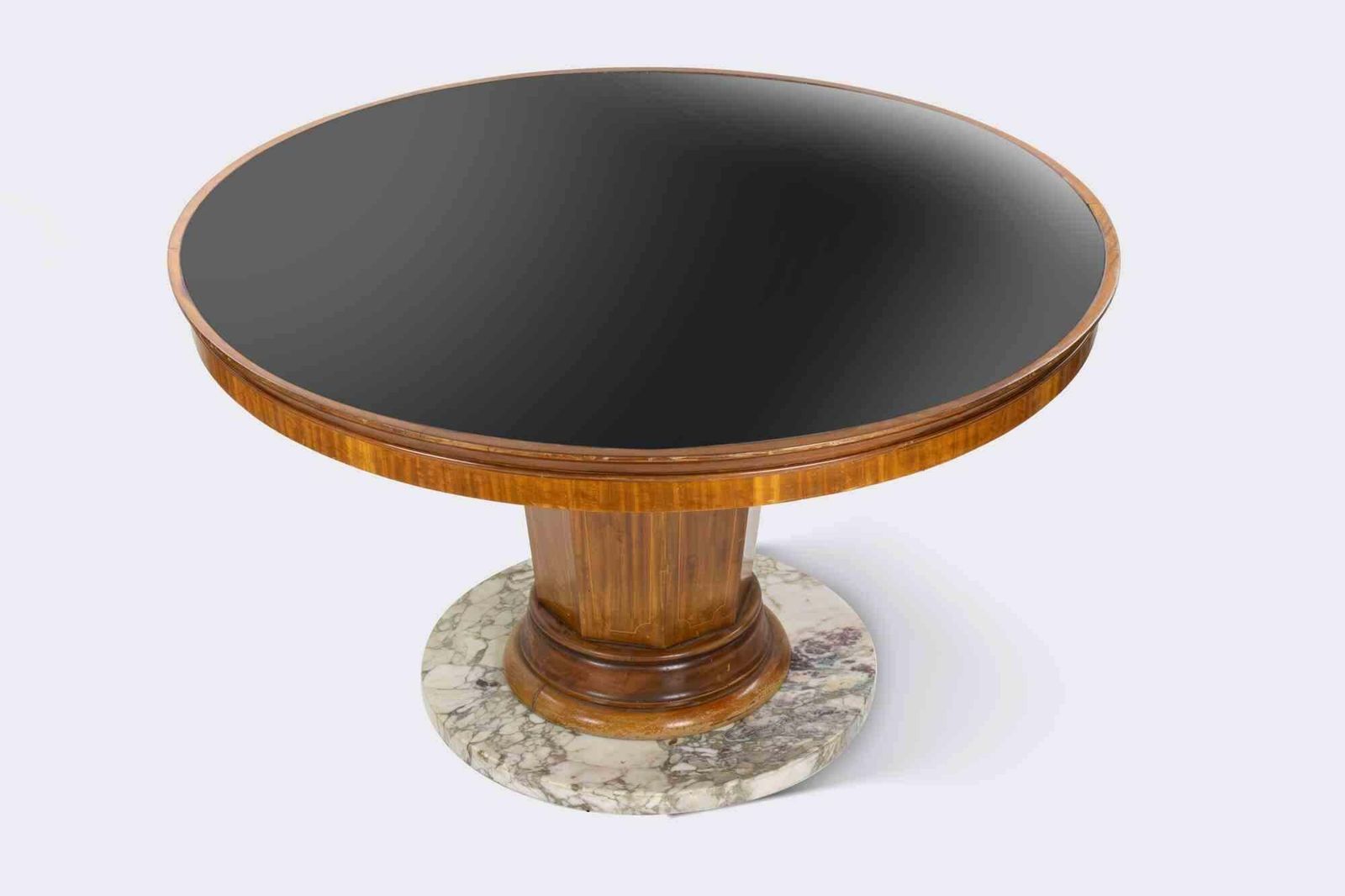 Mid Century Wooden Table With Marble Base And Glass Top, Mid 20th Century photo vinterior