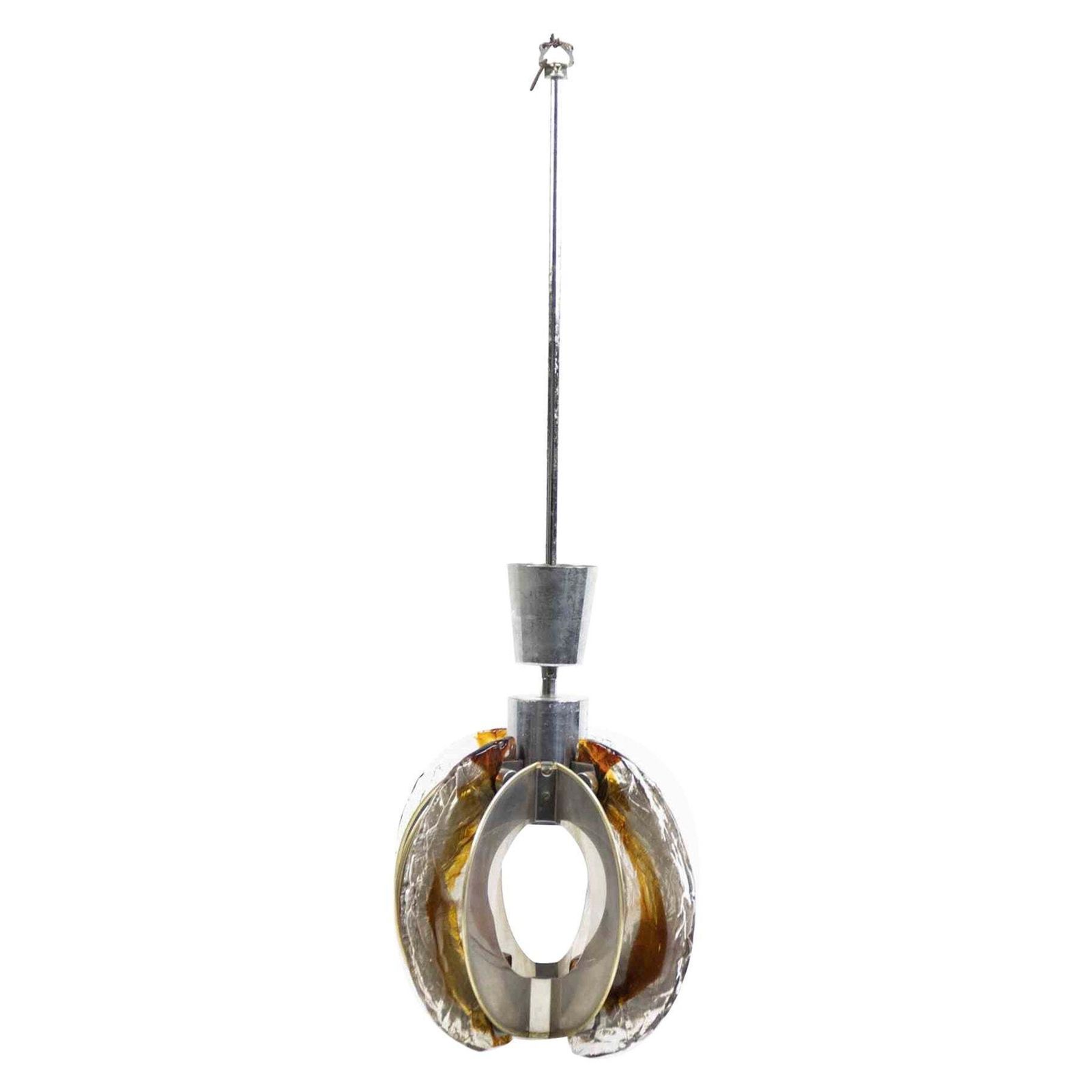 Vintage Glass And Steel Chandelier By La Luce Roma, Italy, 1970s