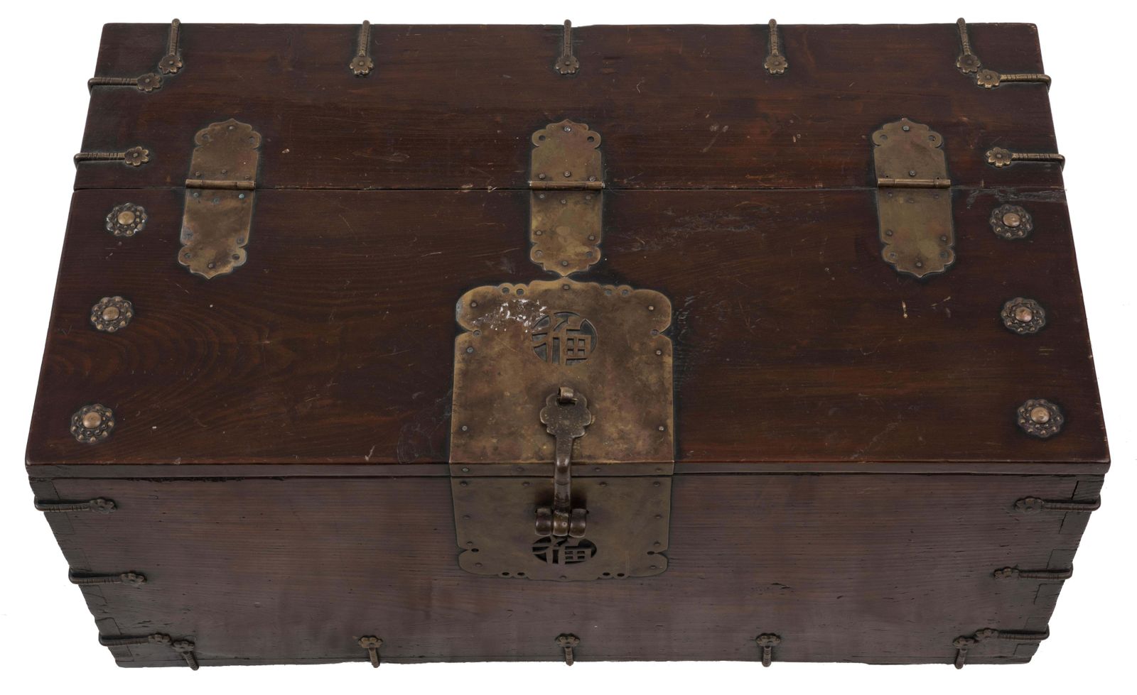 Old Chinese Chest In Wood With Decorations And Bronze Lock, 20th Century photo vinterior