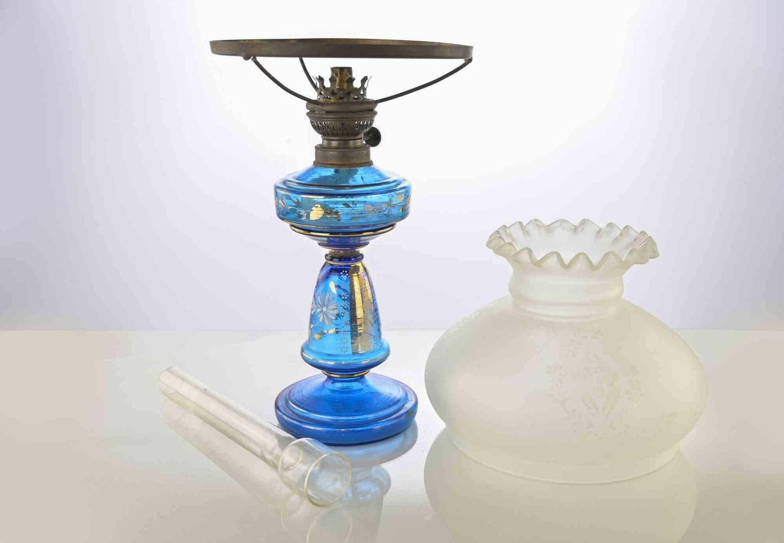 Antique Blue Glass Kerosene Lamp, Early 20th Century photo for sale