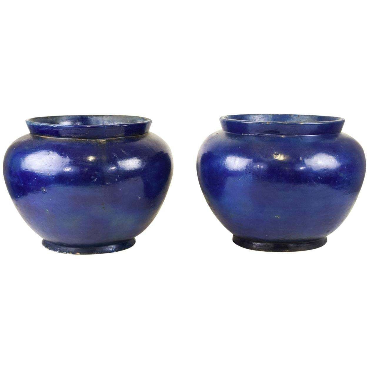 Pair Of Ancient Blue Terracotta Vases, By Oriental Manufacture, 19th Century