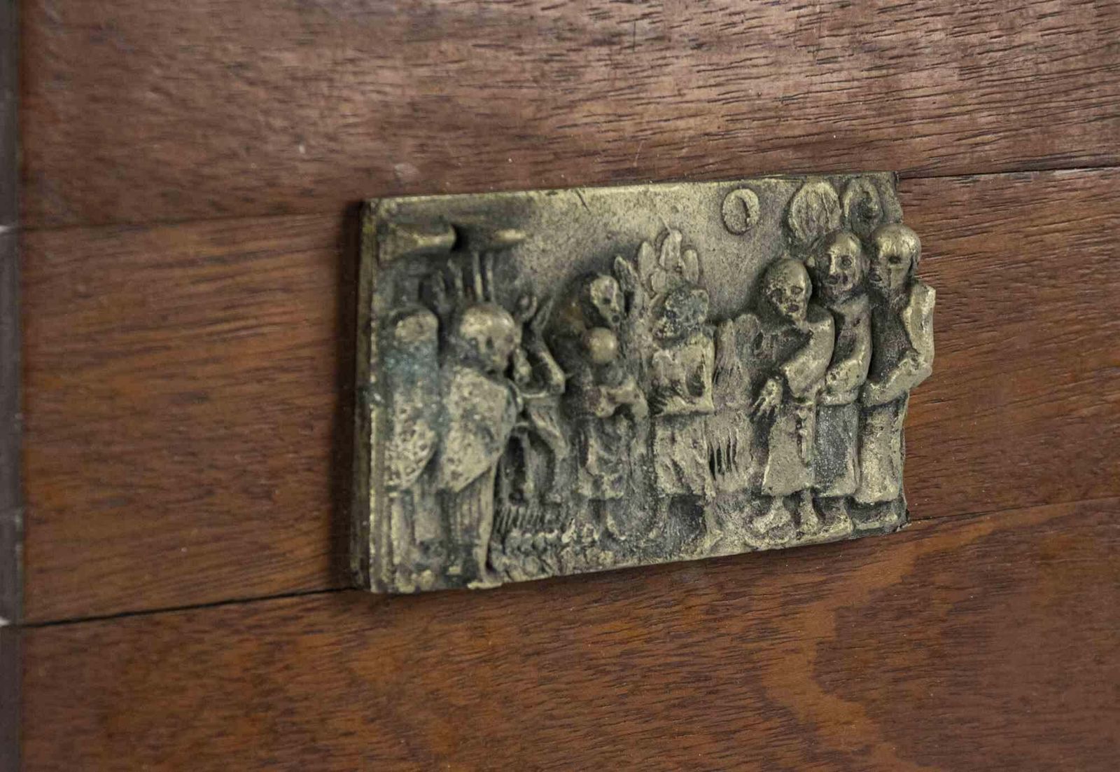 Wood Base With Brass Relief, Early 20th Century photo for sale