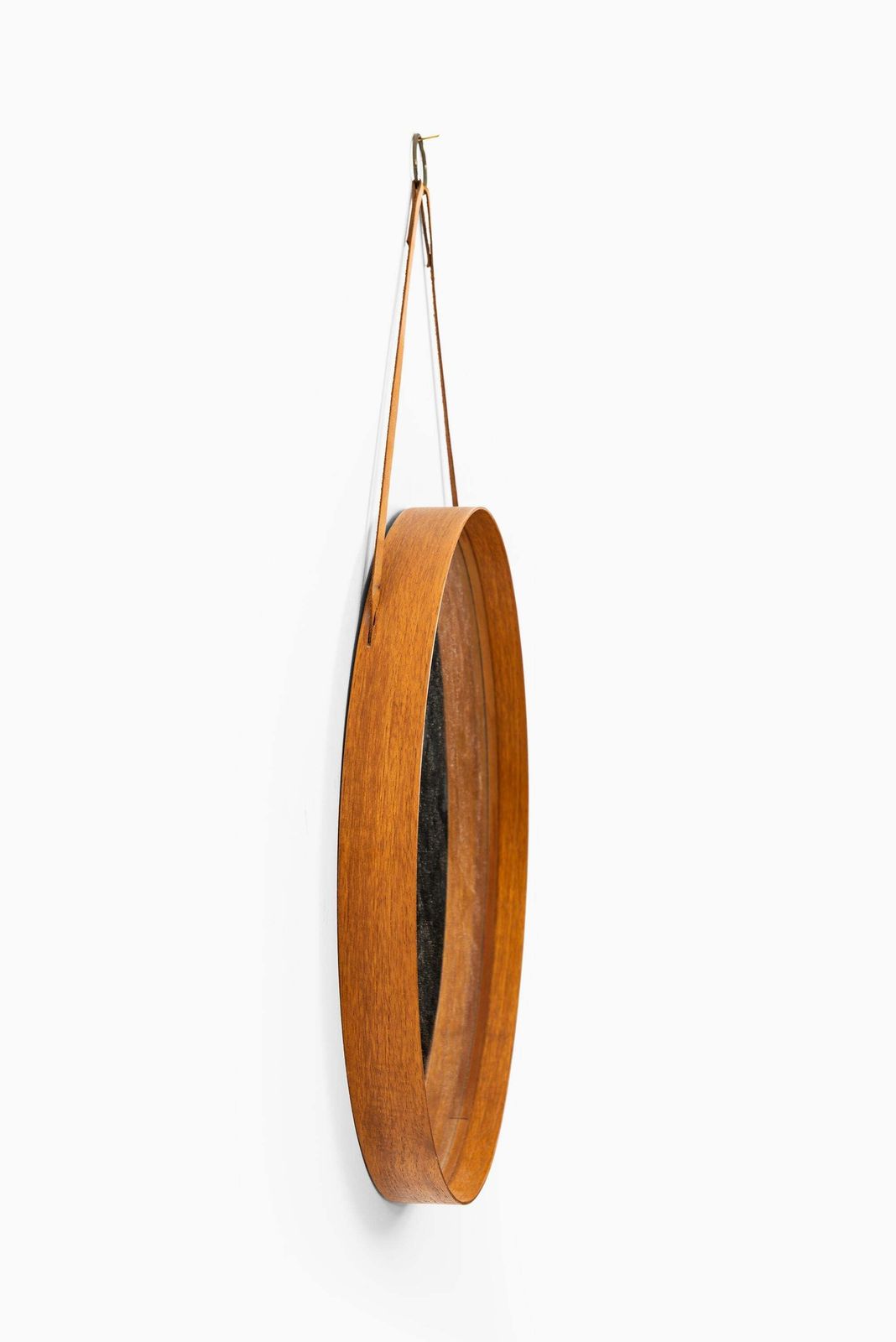 Round Mirror In Teak And Leather Produced By Glasmäster In Markaryd, Sweden photo for sale