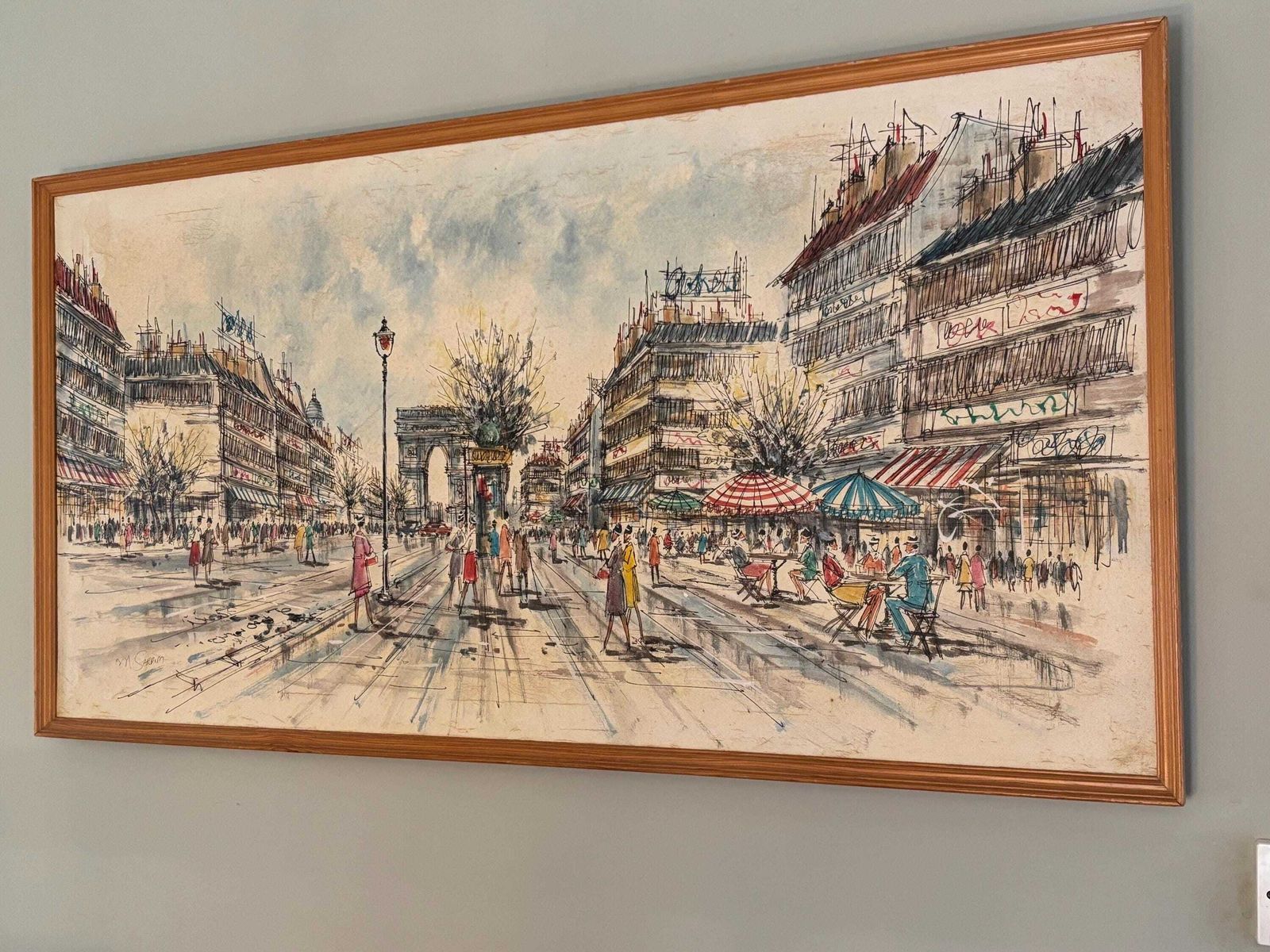 photo furniture Marie Sadrim Signed Large Oil On Canvas Parisian Scene Framed 1970s
