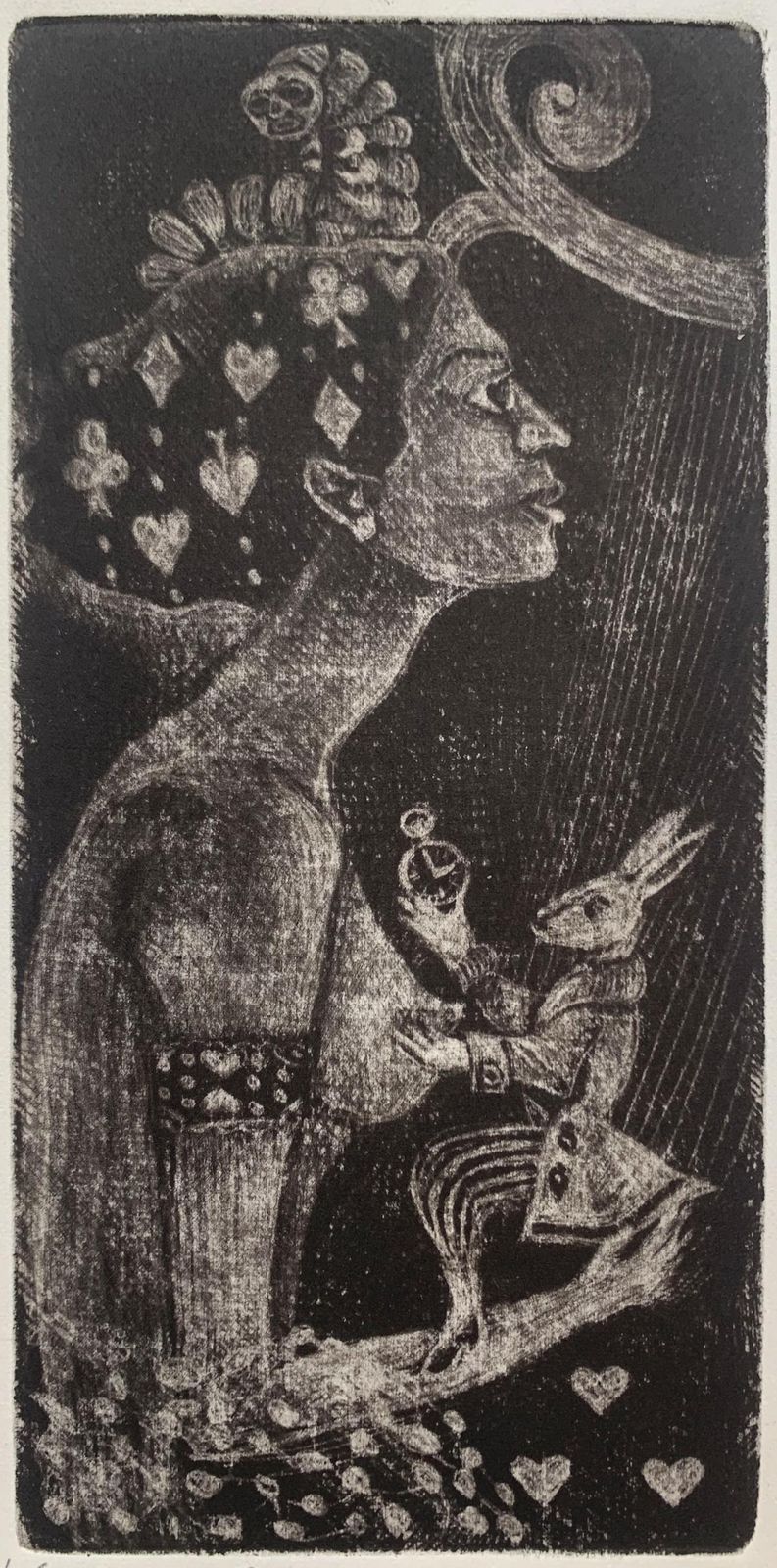 Krystyna Jaszkegame With A Rabbit. Mezzotint Print, Figurative, Monochromatic, Polish Artist2023