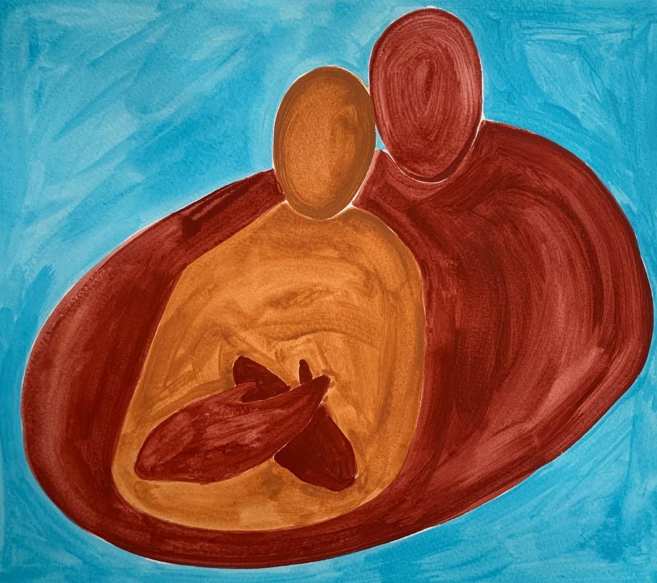 Waleria Matelskaembraces. Figurative Painting On Paper, Young Art, Vibrant, European Art2024