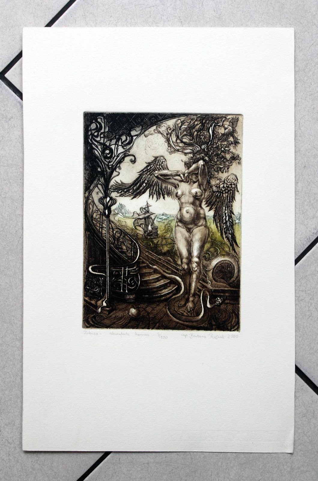 Barbara Rosiaktemptation   XX Century, Figurative Etching Print, Nude, Landscape, Fantasy2000 photo furniture
