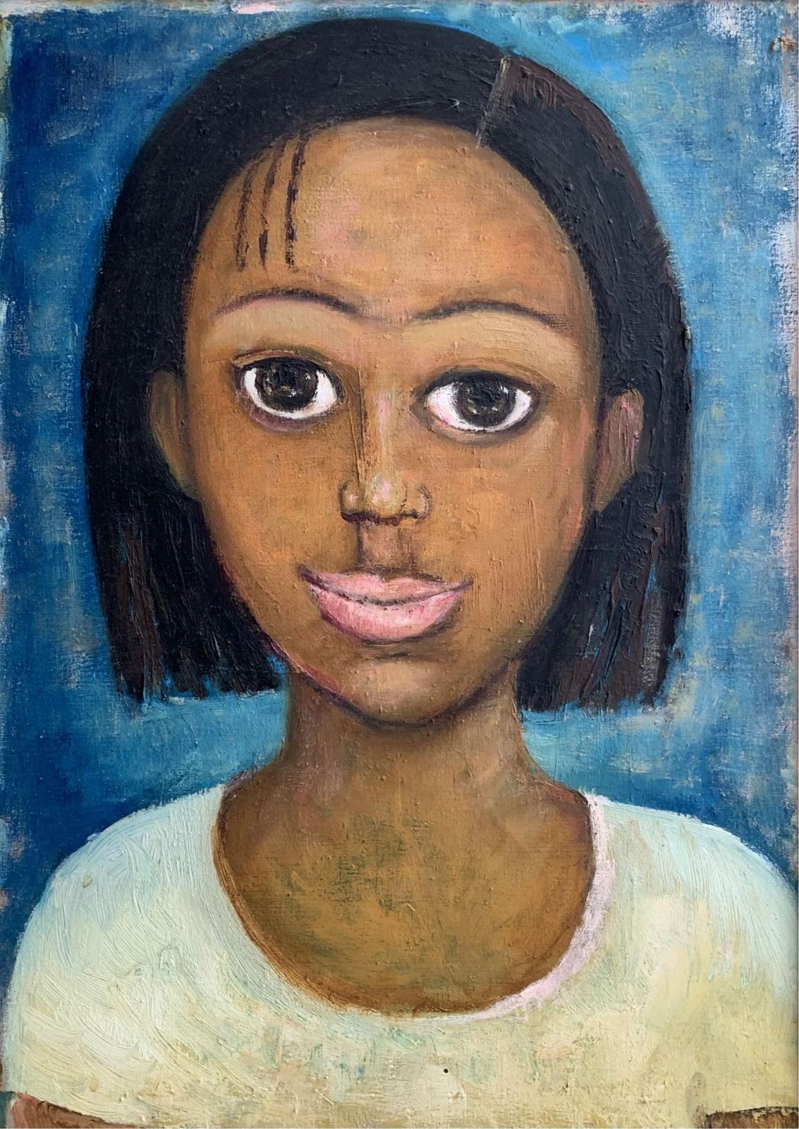 Marlena Nizioportrait   Oil Figurative Painting, Blue, Warm Tones, Big Eyes2005