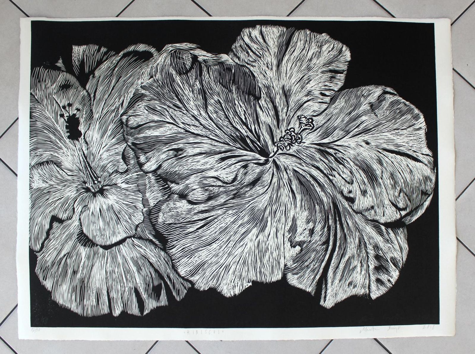 Marta Bozykhibiscus   Xxi Century, Linocut, Flower, Contemporary Figurative Art2018 photo for sale