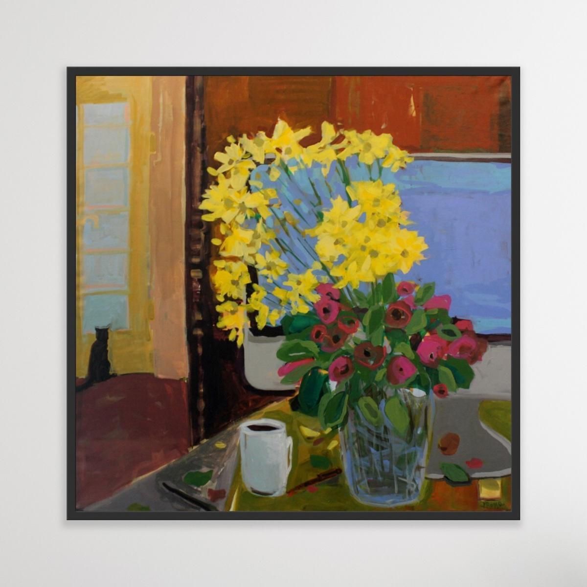 Monika Rossastill Life With Flowers   Xxi Century, Contemporary Oil Painting, Cat, Colorfulca. 2009 photo vinterior