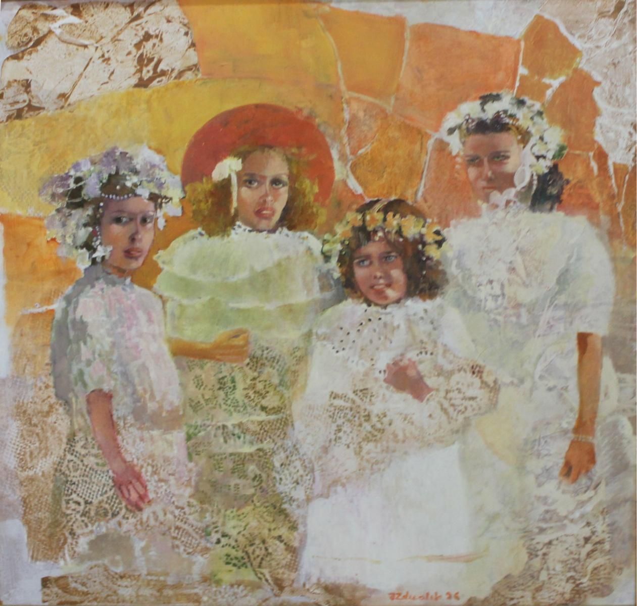 Jolanta Zdrzalikgirls. Figurative Oil On Board Painting, Coloful, Polish Artist1996