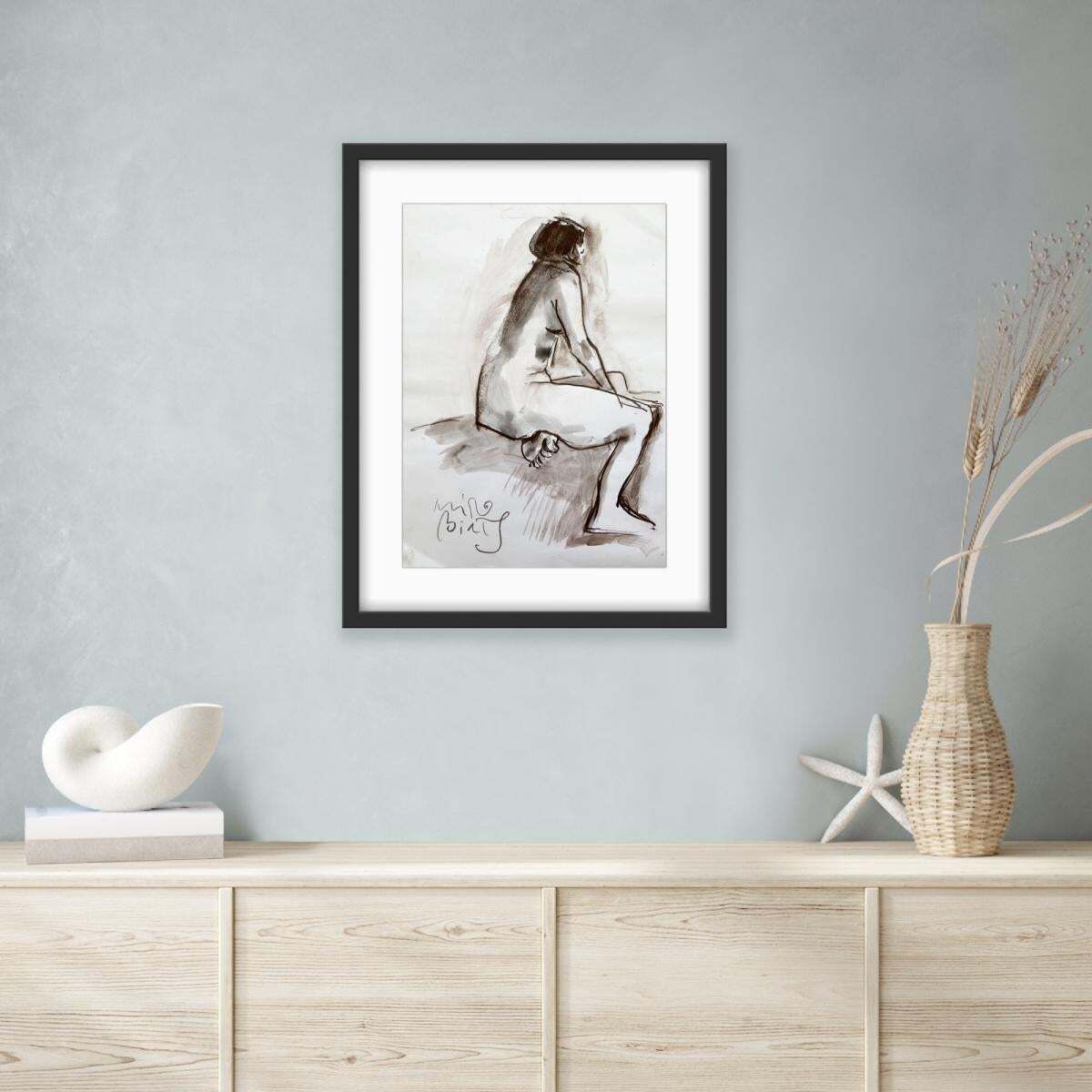 Miro Białynude   Contemporary Figurative Watercolor Painting, Black & White, Polish Art2018 photo vintage