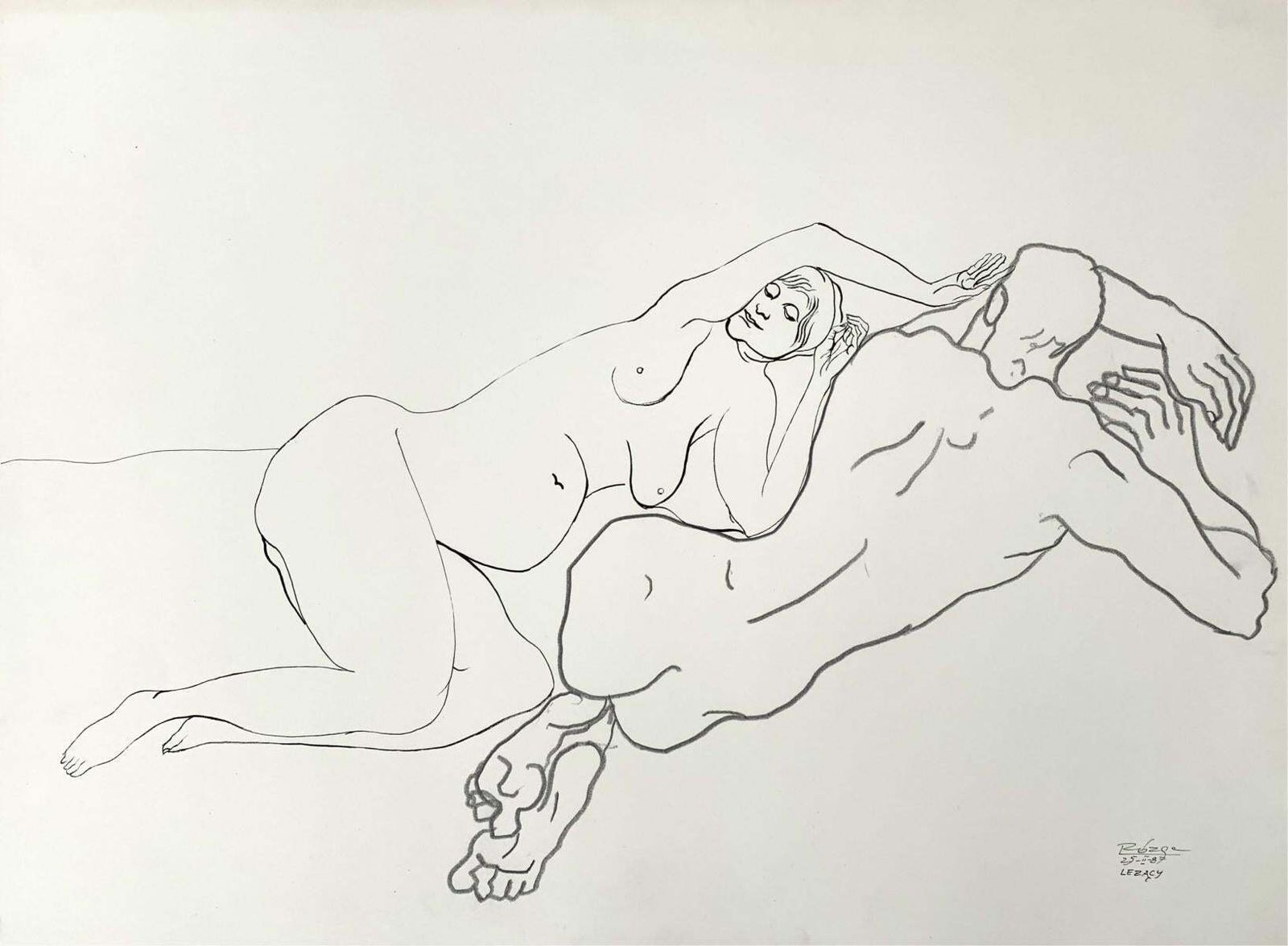 Leszek Rózgalaying Ones   Minimalistic Pencil Drawing On Paper, Couple, Nude, Black & White1987